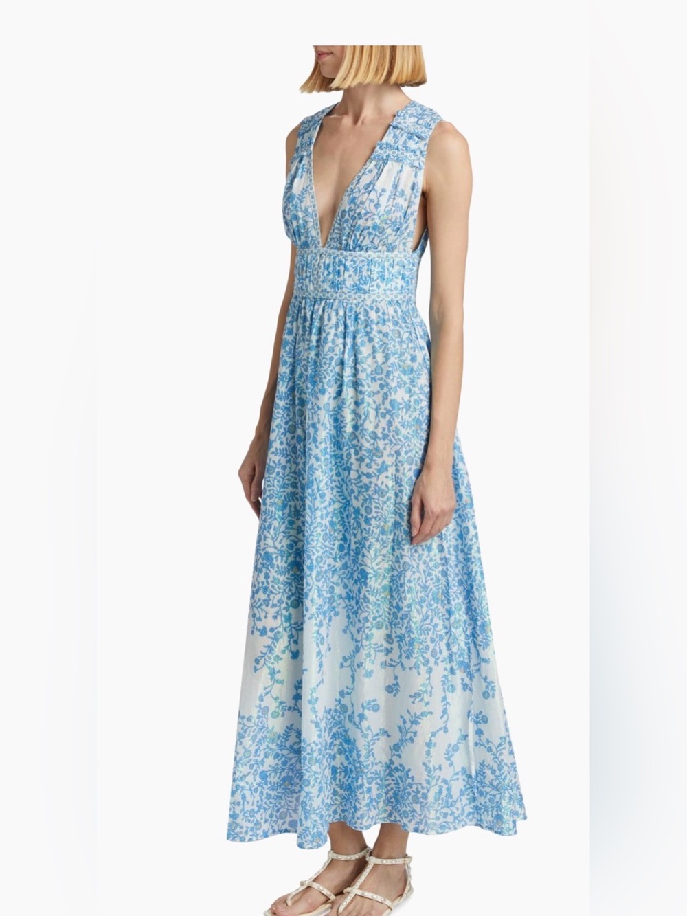 Poupette St. Barth Chiara Blue and White Metallic Floral Maxi Dress, XS